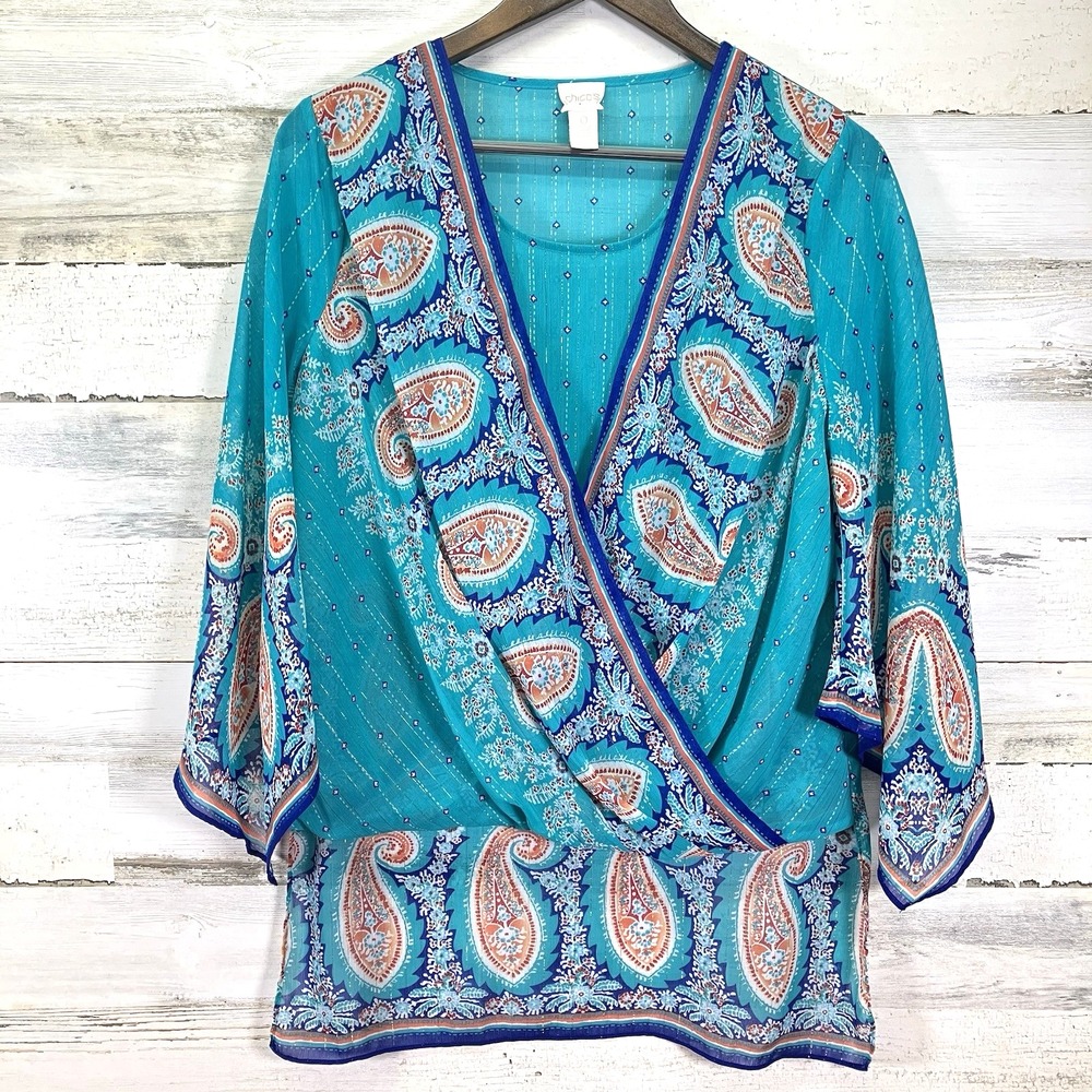 Chicos Womens Turquoise Blue Paisley Boho Hi Lo Flowy Tunic Top Shirt Sz 0/US 4